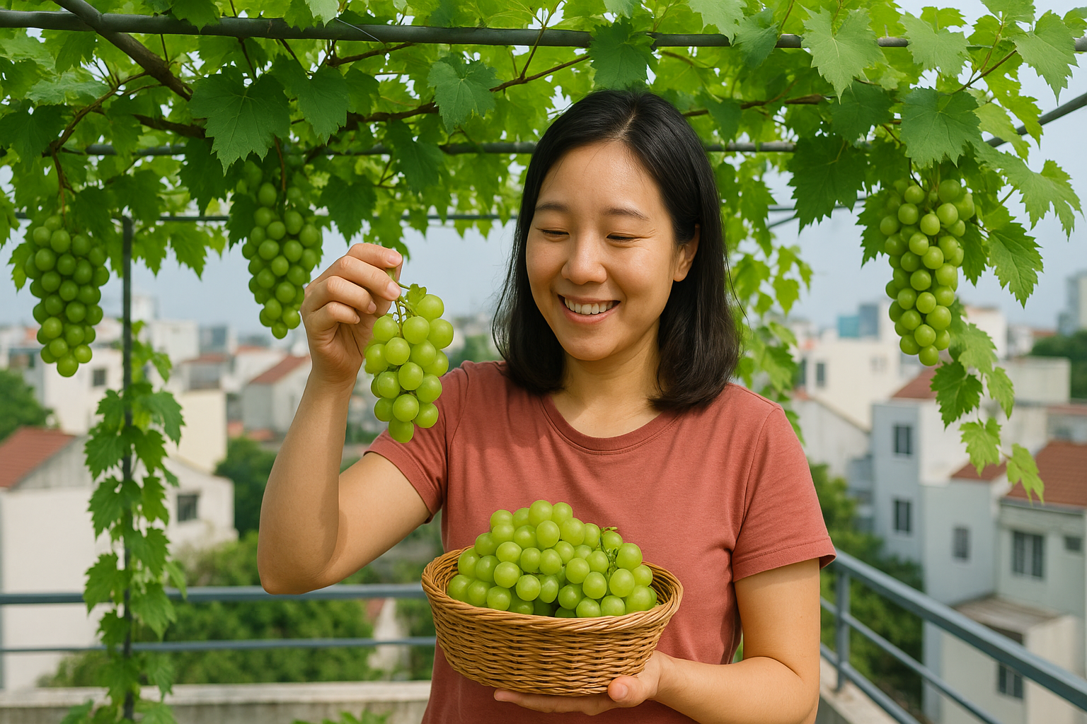Hái được chùm nho đầu tiên trên sân thượng